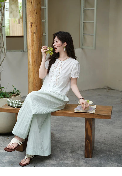 100%Cotton Hollow Embroidery Round Neck Shirt for Women 2025 Summer Puff Sleeve Casual Top Women's Clothing MXE39X1938