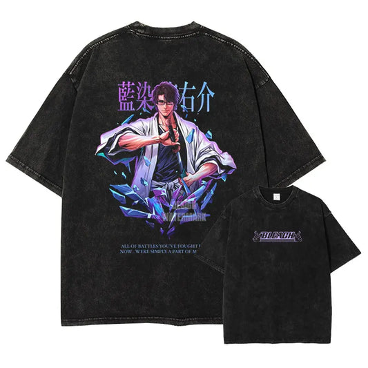 Japan Anime Bleach Aizen Sousuke Graphic Tee Men Oversized Washed Tshirts Manga Casual T Shirt Harajuku Male Cotton T-shirt