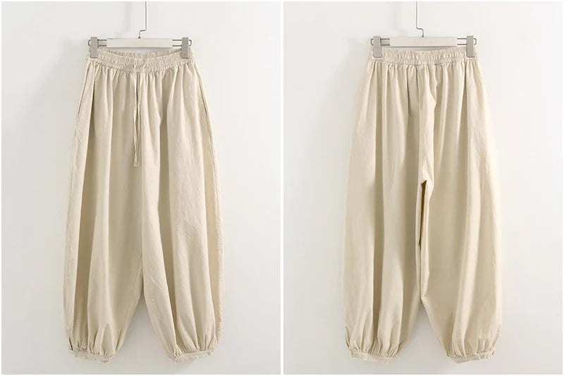 Summer Cotton Oversized Pants For Women Blue Baggy Aladdin Trousers Elastic Bloomers Navy Blue Cropped Lantern Harem Pants Woman