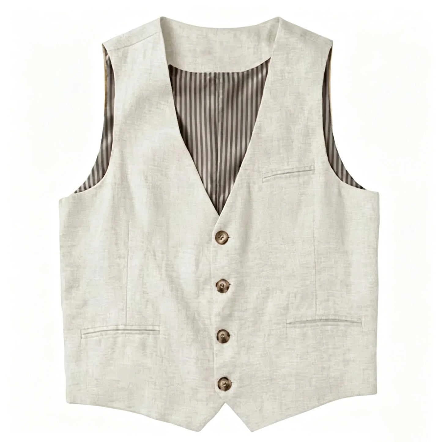 Beige Linen Men's Vest V Neck Summer Waistcoat Single Breasted Light Weigt Men's Suits Vest