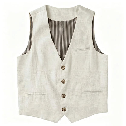 Beige Linen Men's Vest V Neck Summer Waistcoat Single Breasted Light Weigt Men's Suits Vest