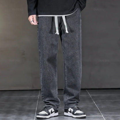 2025 New Autumn Winter Jeans Men Loose Straight Drawstring Elastic Waist Casual Denim Trousers Male Thick Pants Large Size M-5XL
