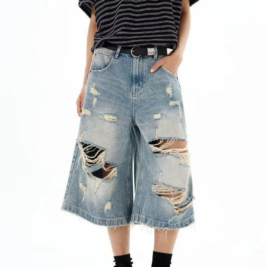 New Men Vintage Ripped Baggy Short Jeans Women Grunge Distressed Oversized Jorts Y2k Retro Punk Streetwear Wide Leg Denim Shorts