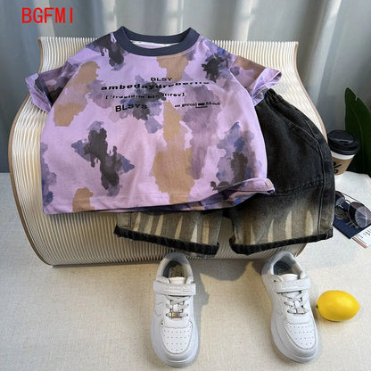 Korean Children's Summer Clothes Kids Set Outfits Boys 2026 Handsome Sleeveless&Short Sleeved T-shirt Denim Shorts 2-piece Set