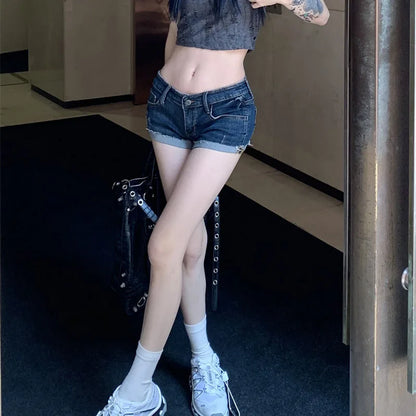 Summer New Women Y2K Denim Shorts Korean Streetwear Low Waist Elastic Slim Fit Hot Pants Female Sexy Hip Wrapping Short Jeans