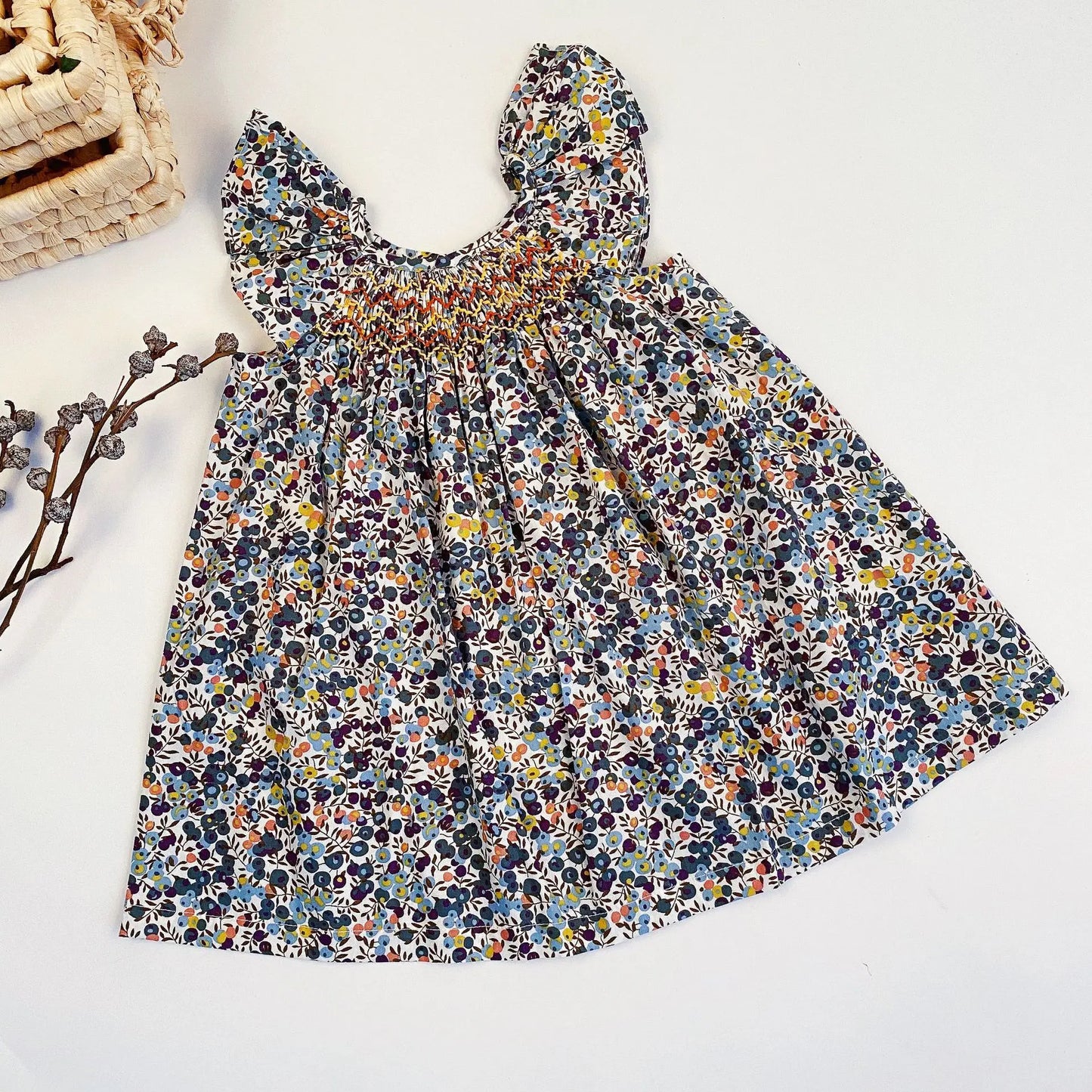 Summer Floral Smocked Vest Dress for Girls Vestidos European Style Baby Dresses Soft Breathable Cotton Children Beach Dress