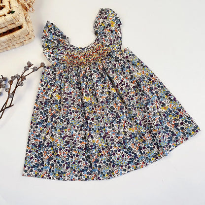 Summer Floral Smocked Vest Dress for Girls Vestidos European Style Baby Dresses Soft Breathable Cotton Children Beach Dress