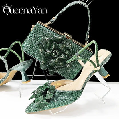 2025 Large Flower Design Shoes & Bag Nigerian Coffee Color Women's Stiletto Shoes For Special Good Time INS Style