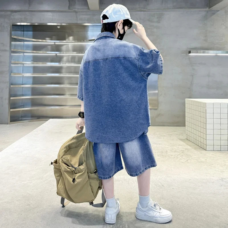 Boys Denim Suit Summer Clothes New Children's Short Sleeve Shirt + Shorts Sports Korean Tracksuit Sets Kids Luxury Clothing Suit