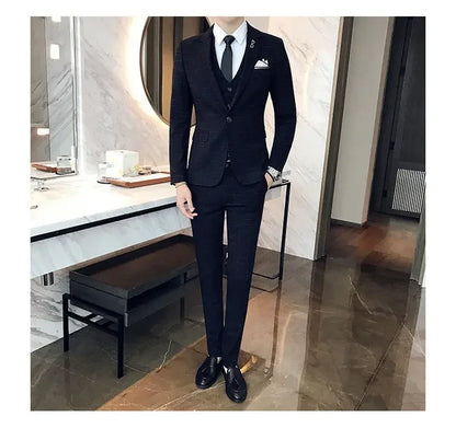 Blue Men Classic Striped/Checked Suits, Asian Size Slim Fit Business Office 3-Piece Sets, Black/Gray and Red Available.