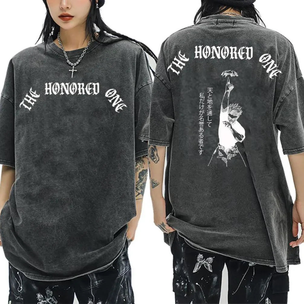 Jujutsu Kaisen Anime Clothing Gojo Satoru Graphic Tee Men Vintage Washed T-shirts Manga Cotton Tshirt Harajuku Male T Shirt