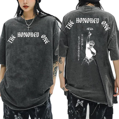 Jujutsu Kaisen Anime Clothing Gojo Satoru Graphic Tee Men Vintage Washed T-shirts Manga Cotton Tshirt Harajuku Male T Shirt