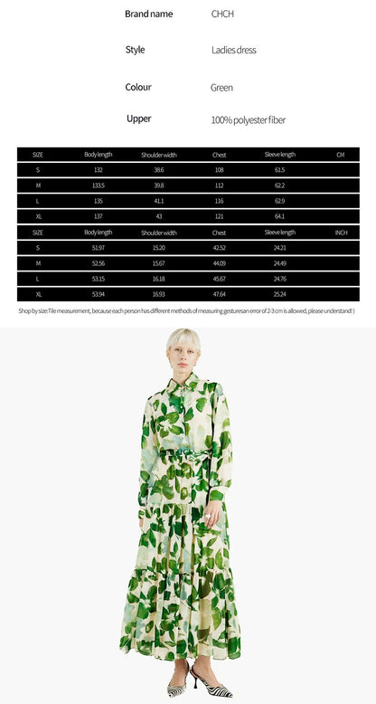 Women's Dress 2025 Spring New Long Sleeve Collar Green Flower Vacation