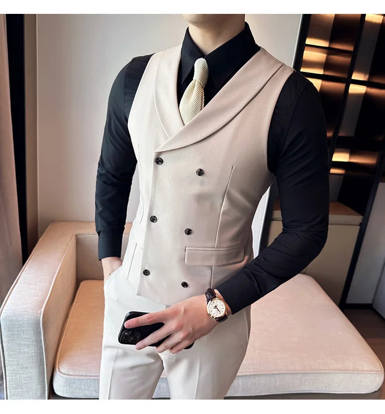 ( Vest + Pants) Men's Double-breasted Suit Vest 2 Pieces Set High Quality Business Casual Fashion Groom Wedding Dress Vest Sets