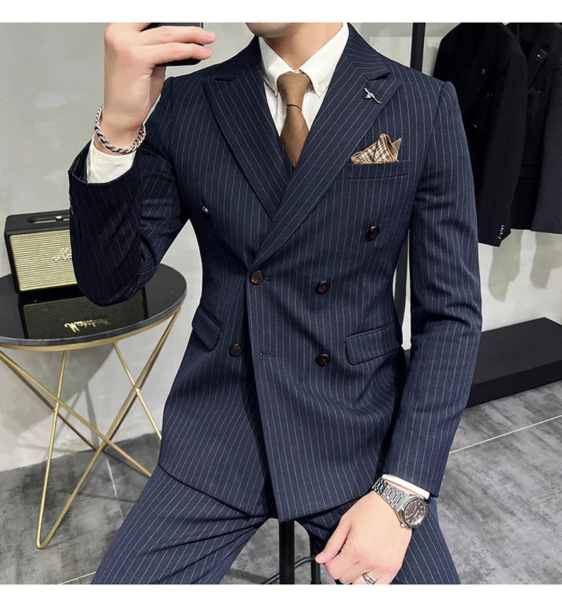 M-7XL ( Blazer + Pants ) Luxury Classic Striped Men's Official Office Casual Business Double -breasted Suit Groom Wedding Gown