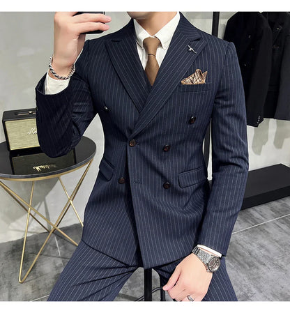 M-7XL ( Blazer + Pants ) Luxury Classic Striped Men's Official Office Casual Business Double -breasted Suit Groom Wedding Gown