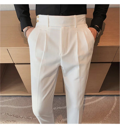 British Style Twill Pleat Design Naples High Waist Casual Trousers Fashion Man Slim Simple Social Party Suit Pant Plus Size 38
