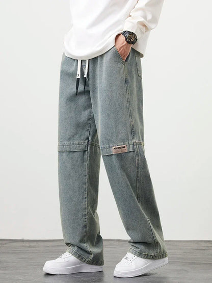8XL New Retro Blue Men's Jeans Large Size String Banding Wide Leg Denim Pants Cotton Casual Straight Jean Trousers 6XL 7XL