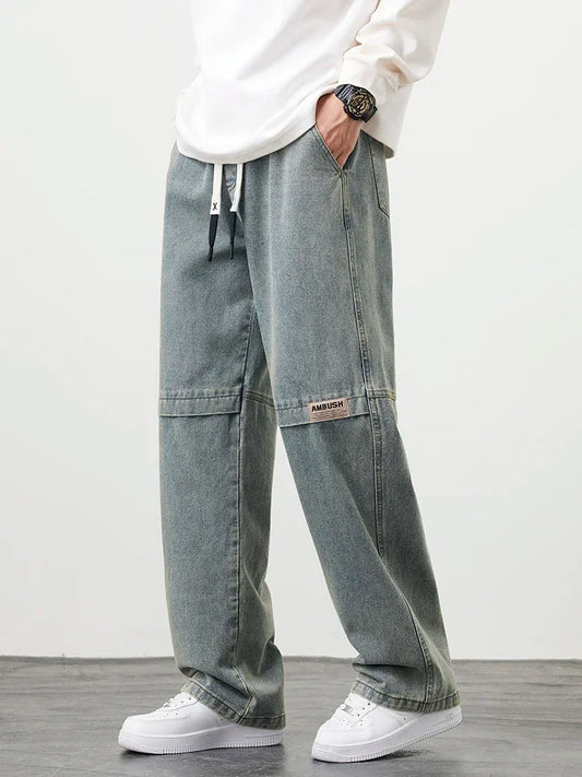 8XL New Retro Blue Men's Jeans Large Size String Banding Wide Leg Denim Pants Cotton Casual Straight Jean Trousers 6XL 7XL