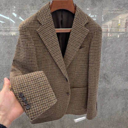 Vintage British Windsor Wool Suit Thick Autumn Winter Tweed Houndstooth Plaid Slim Fit Men's Blazer
