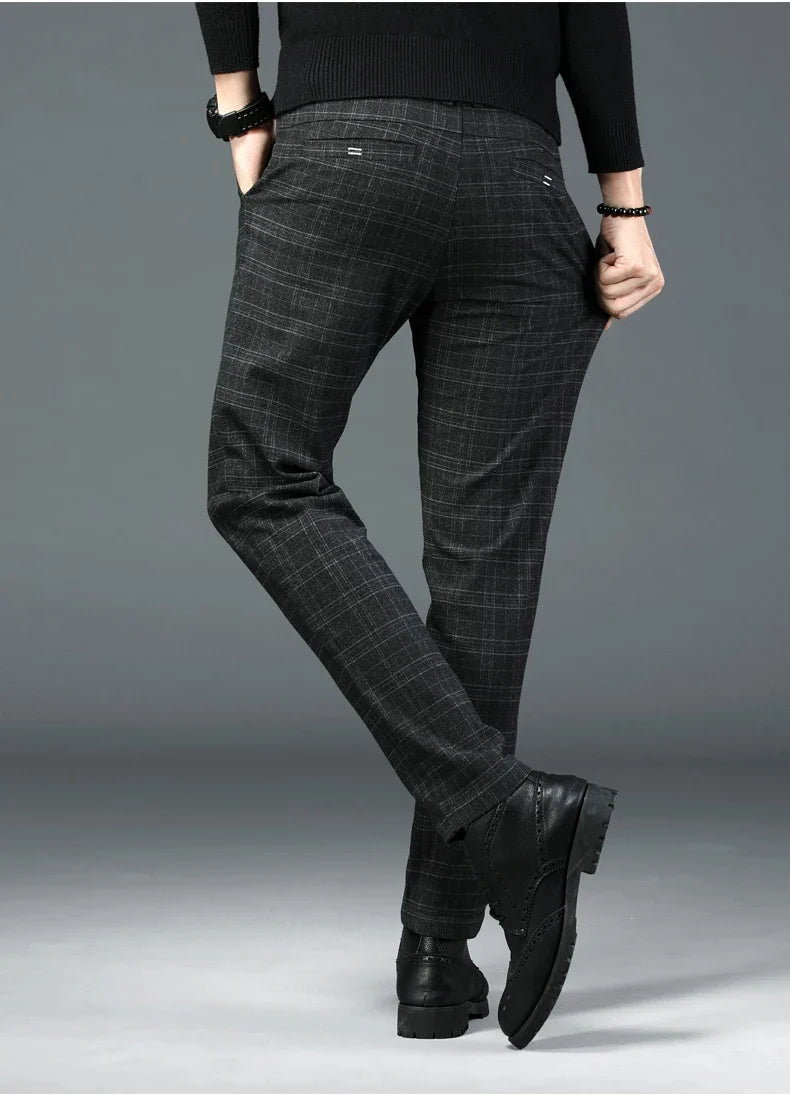 Autumn New Men's Plaid Striped Business Casual Pants Classic Fashionable Straight Elastic Casual Trousers Black Gray Male