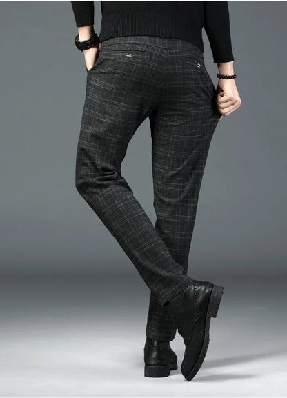 Autumn New Men's Plaid Striped Business Casual Pants Classic Fashionable Straight Elastic Casual Trousers Black Gray Male