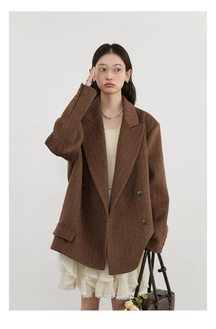Women Woolen Blazer Loose Vintage V Neck Female Jacket Suit Double Breasted Office Ladies Coat Spring Autumn 2025