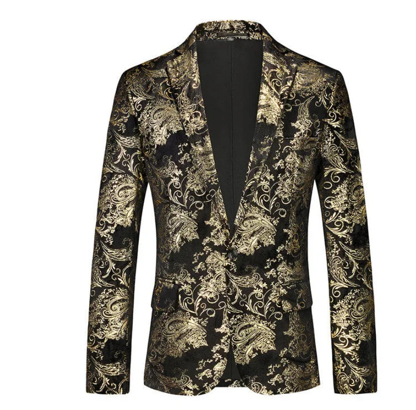 New Men Luxury Velvet Suit Foil Stamped Printed Jacket , Fashion Male Business Social Wedding Prom Party Dress Slim Fit Blazers