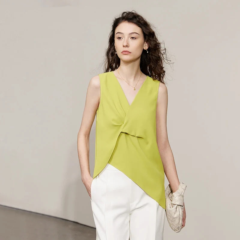 Women's Blouse 2026 Summer New Flowy Chiffon Asymmetric Hem Top Elegant Office Solid Casual V-Neck Shirt For Women 12612025
