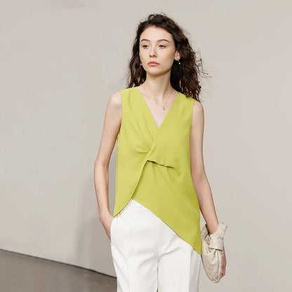 Women's Blouse 2026 Summer New Flowy Chiffon Asymmetric Hem Top Elegant Office Solid Casual V-Neck Shirt For Women 12612025