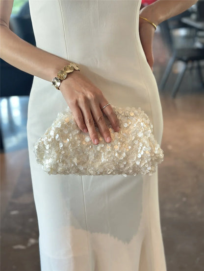 White Sequined Clutch Bag Versatile Beaded Chain Shoulder Bag Fashion High-end Bridal Party Handbag Trendy Clip Bag Evening Bag