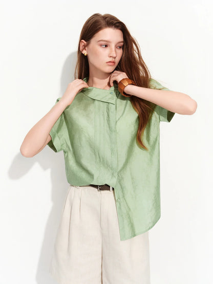 2026 Summer Women‘s Asymmetric Drop Shoulder Blouse, Notched Collar Short Sleeve Shirt for Relaxed Designer Style Top