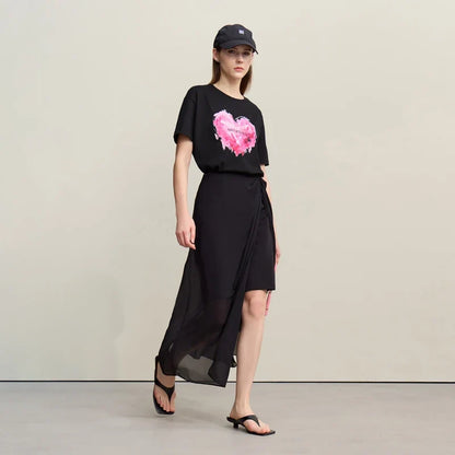 Woman T-shirts 2026 Summer Anti-Bacterial Loose Fit Round Neck Tee Heart Print Cotton Casual Knit Short Sleeve Top 12622026