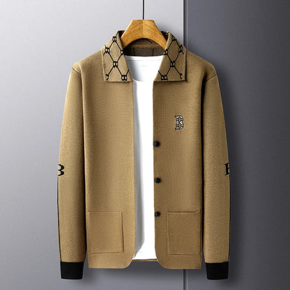 Luxury Brand Men's Autumn Winter Lapel Embroidered Sweater Coat Fashionable Business Three-dimensional Pocket Warm Knitted Jacke