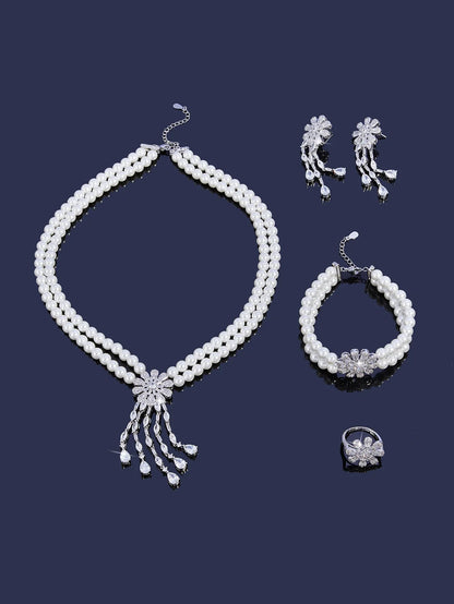 Trendy Pearl Tassel Necklace 4PCS Jewelry Set For Women Wedding Party Full Zircon Dubai Bridal Jewelry Set Gift