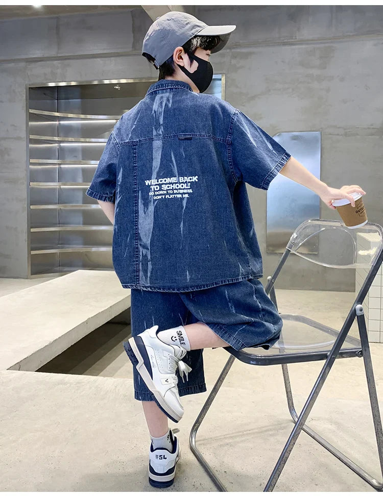 Cool Summer Set for Boys Denim Top and Bottom Set Kids Child Short Sleeve Shirt And Shorts 2 Pieces Outfits Suit Age 5-14 Years