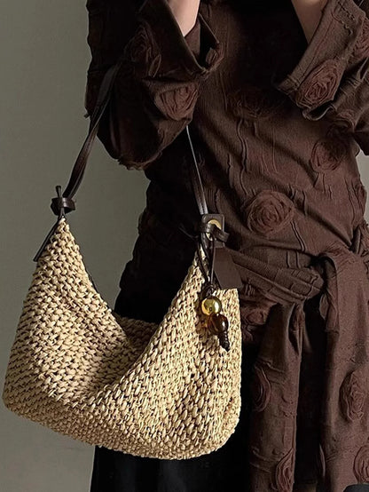 Casual Hobos Straw Bag Designer Woven Women Shoulder Bags Vintage Bead Deco Handbags Handmade Summer Beach Bag Small Tote Purses