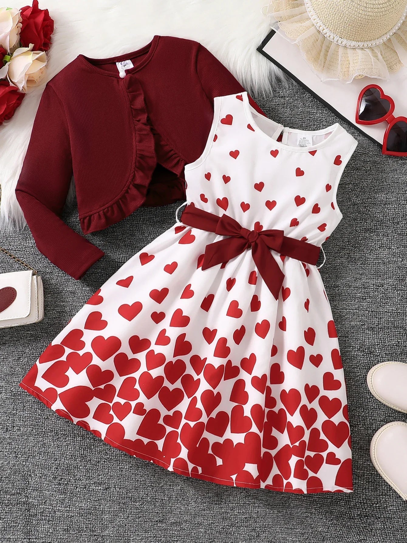 Children's Clothing Girl Autumn Fashion Casual Pink Floral Dress Set 2-Piece Set - Pink Round Neck Vest + Pink Floral Skirt