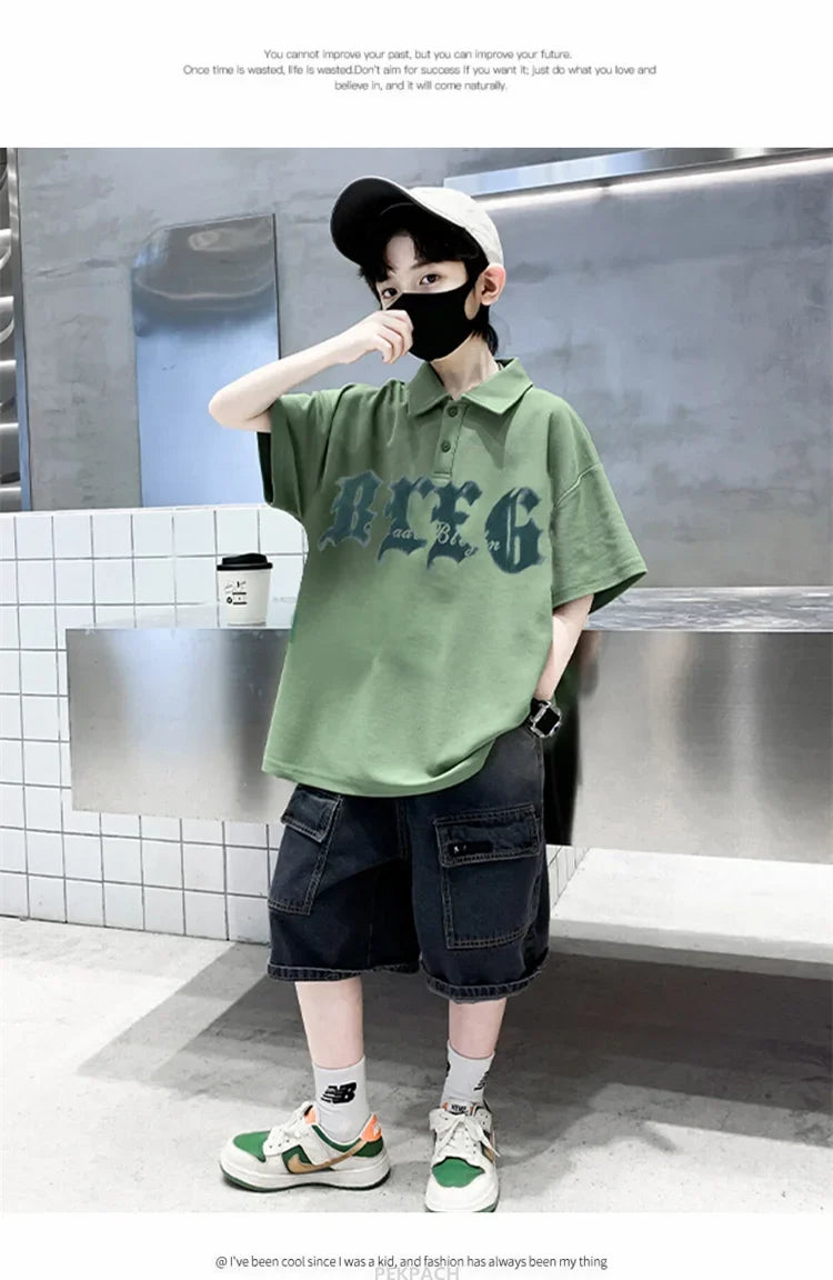 Korean Kids Boy Suit Summer Set Fashion Teenager Child Clothes Set Cotton Polo Shirt + Shorts 2pcs Outfits Tracksuit Costume