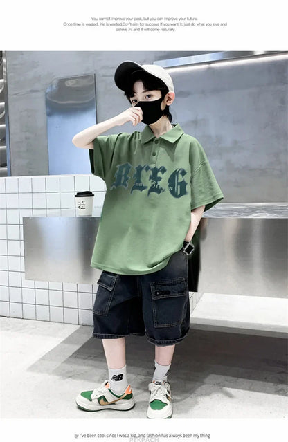 Korean Kids Boy Suit Summer Set Fashion Teenager Child Clothes Set Cotton Polo Shirt + Shorts 2pcs Outfits Tracksuit Costume