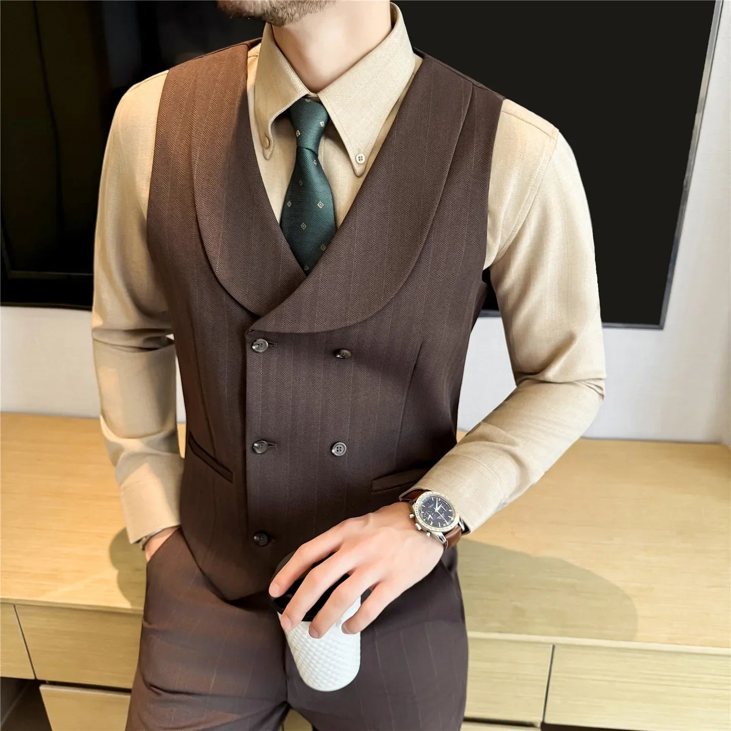 ( Vest+Pants) Autumn Winter Thicken Wool Striped Suit Vest 2 pieces Men Fashion Slim Fit Business Casual Wedding Dress Vest Sets