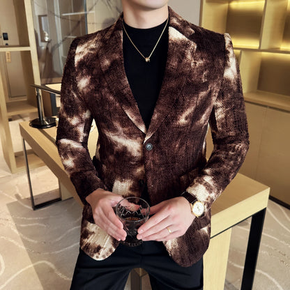 High QualityTie Dye Chenille Men Fashion Casual Suit Jacket Autumn Winter New Korean Slim Fit Social Wedding Suit Blazer