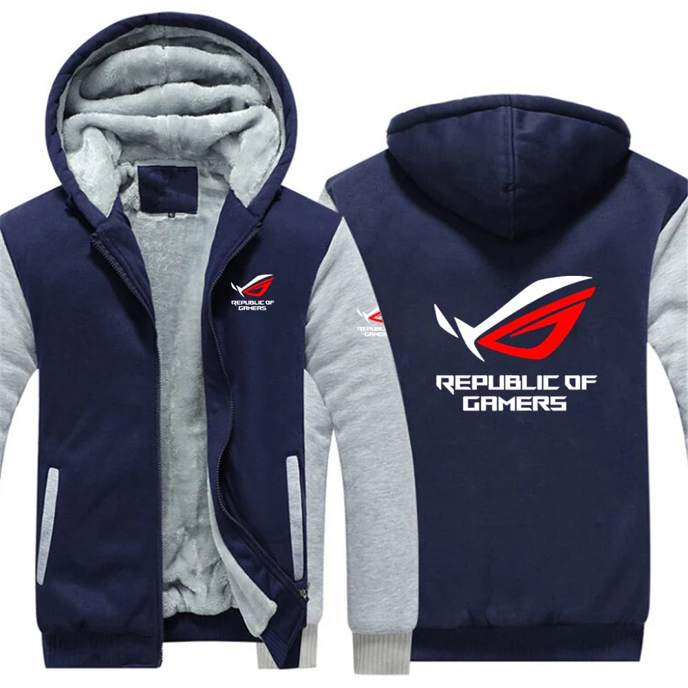 2025 Autumn Winter Cardigan Long Sleeve Thickened Hoodies Men's ROG Republic Of Gamers Print Cold-Proof High Street Hooded Coats