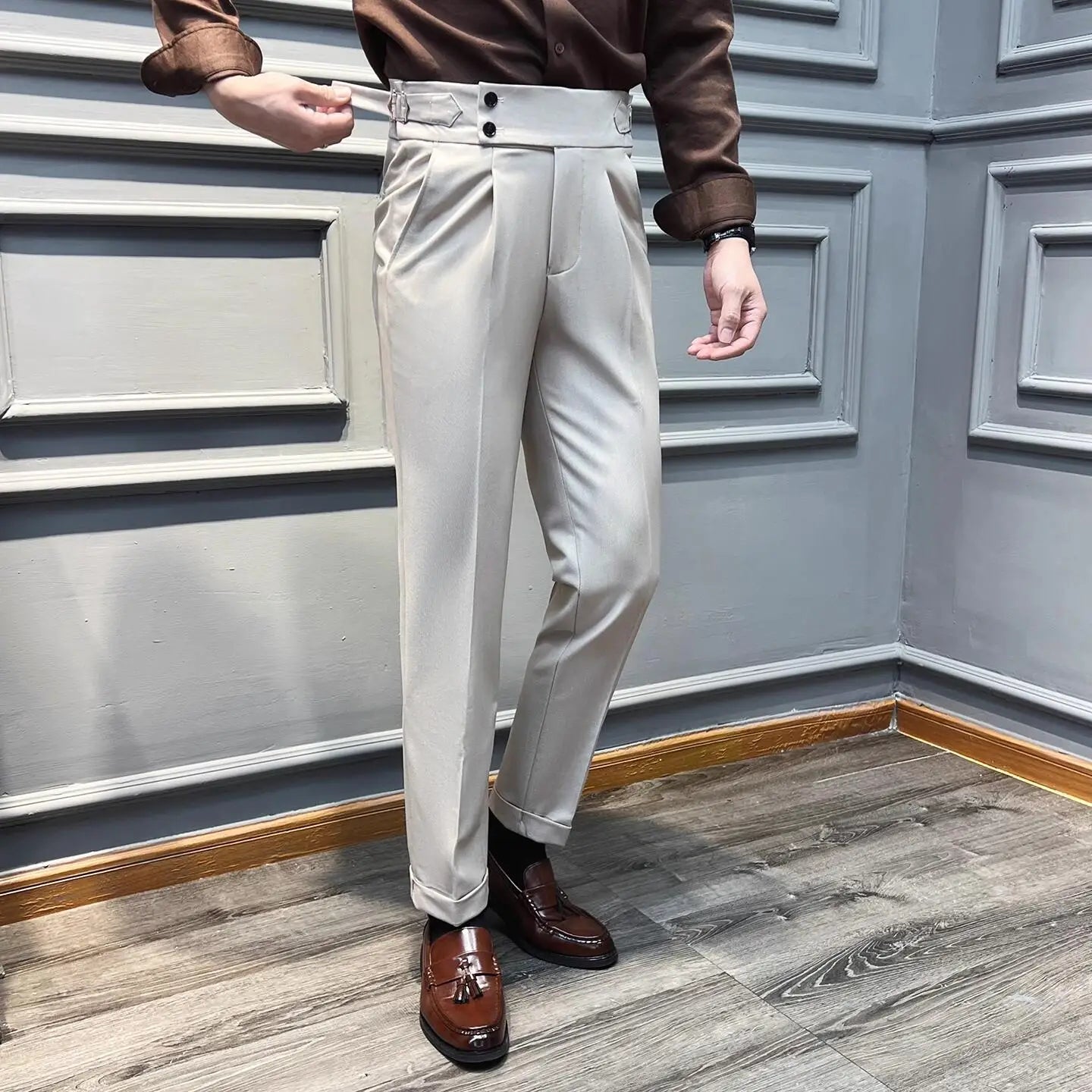 Italian Style Naples High Waisted Straight Pants Men High Quality Solid Color Business Casual Formal Office Social Suit Pants