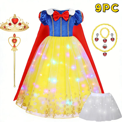 Popular Movie LED Princess Dress, White Snow Dress, With Cape And Headpiece For Halloween Carnival Birthday Party Cosplay