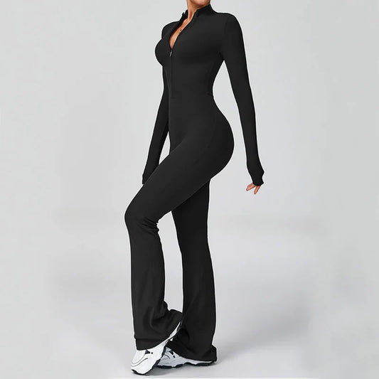 VITALINOVO Women Long Sleeve Flare Workout Jumpsuit Zip Up Romper Bottom Pants Wide Leg Full Length Bodysuit Bodycon One Piece