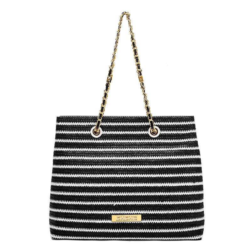 Fashion Classic Retro Stripe Women's New Chain Bag Large Capacity PP Material Women's Shoulder Bag