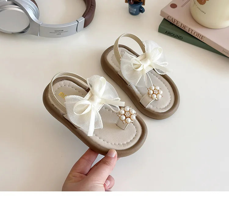 Brand Designer Ribbons Sandals for Girls Beaded Flip Flop Evening Party Dress Shoes Tulle Bow-tie Child Shoes Girl Sandal I06034