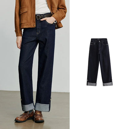 Women Denim Jeans 2025 Autumn New Lyocell Rolling Up Hem Elastic and Simple Straight Leg Ankle Length Pants