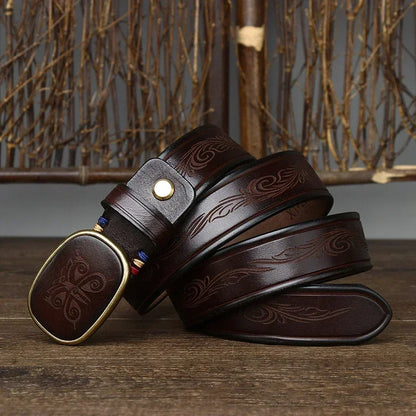 3.5CM Pure Cowhide High Quality Genuine Leather Belts for Men Laser Engraving Strap Male Smooth Buckle Jeans Cowboy Luxury